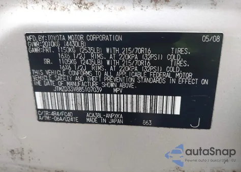 2008 Toyota Rav4 from USA, damaged, VIN JTMZD33V885107039